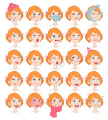 Fototapeta na wymiar Cute red-haired girl with pigtails. Big set of facial emotions and expressions. 