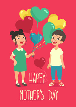 Happy Mother's Day greetings card design. Cute kids holding a bunch of heart-shaped colorful balloons.
