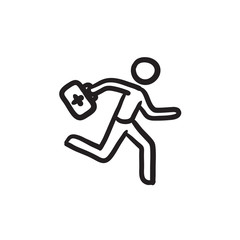 Paramedic running with first aid kit sketch icon.