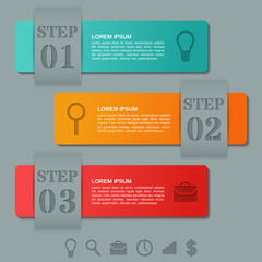 Infographics arrows templates 3 options, parts, steps. Infographic business concept. Elements for brochure, web design with icons. Vector frames for text on gray dark background. 