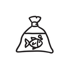 Fish in plastic bag sketch icon.