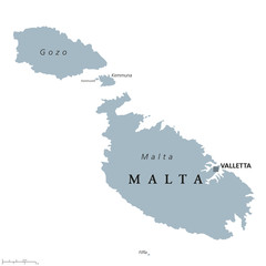 Malta political map with capital Valletta. Republic and Southern Europe island country consisting of an archipelago in the Mediterranean Sea. Gray illustration with English labeling over white. Vector