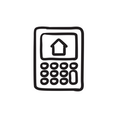 Calculator with house on display sketch icon.