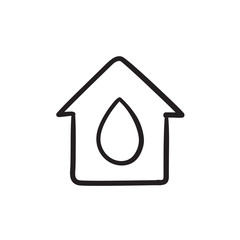 House with water drop sketch icon.