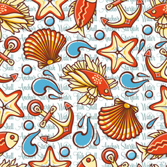 Marine seamless pattern with colorful figures. Fish and tools. 