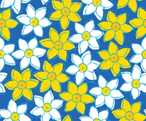 Foto op Canvas Seamless pattern of yellow and white narcissi on blue background © Vanillafield
