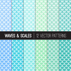 Sea Waves, Mermaid Scales, Fish Scales Seamless Scalloped Patterns in Turquoise, Marine Green, Aqua Blue and Sea-foam.  Pattern Tile Swatches Included. © Artefficient