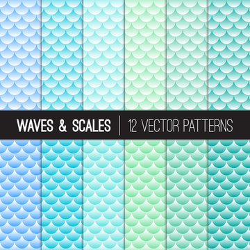 Sea Waves, Mermaid Scales, Fish Scales Seamless Scalloped Patterns in Turquoise, Marine Green, Aqua Blue and Sea-foam.
Pattern Tile Swatches Included.