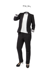 Empty clothes. High woman executive. Black suit, white shirt, glasses and high heels.