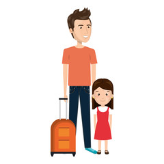 cartoon father with travel briefcase and daugther girl vector illustration