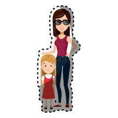 sticker cartoon woman with blond girl with cute dress vector illustration