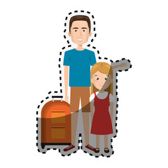 sticker cartoon guy with travel briefcase and blond girl vector illustration