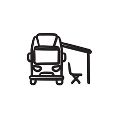 Motorhome with tent sketch icon.