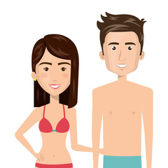 half body cartoon couple caucasian with summer swimsuit vector illustration