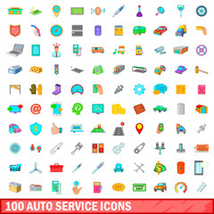 100 auto service icons set, cartoon style