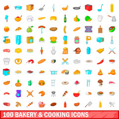 100 bakery and cooking icons set, cartoon style