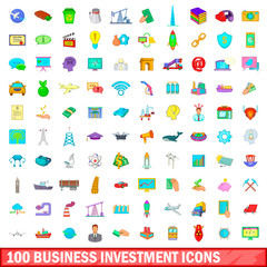 100 business investment icons set, cartoon style