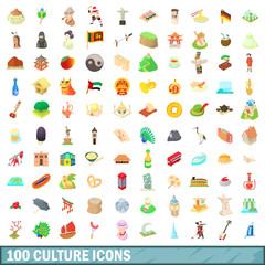 100 culture icons set, cartoon style
