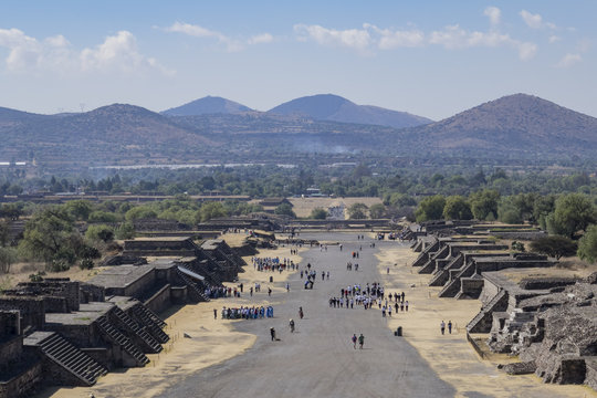 Aerial view of the Avenue of the Dead from Pyramid of the Moon