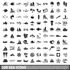 100 sea icons set in simple style