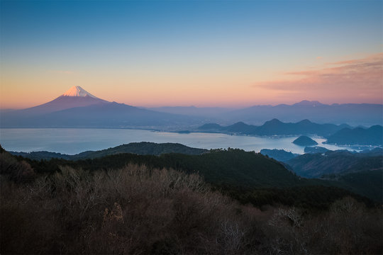 Sunset landscape of Mountain Fuji and Suruga Bay at Shizuoka prefecture