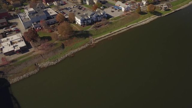Aerial Shot Pulling Back from Riverfront of Bridgewater, Pennsylvania