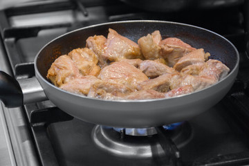 meat is fried on a frying pan