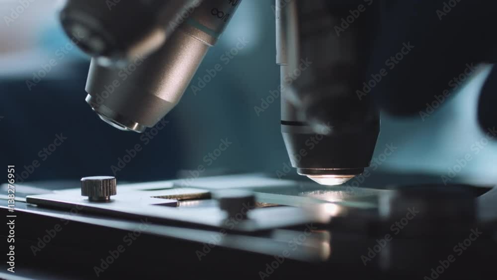 Wall mural close up view of scientist hands with gloves set the sample in the microscope for research