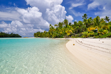 Stunning  view of a beach on One Foot Island, also called Tapuaetai, in the lagoon of Aitutaki, Cook Islands, in the South Pacific Ocean. Clear water, palm trees and white sand beach on a sunny day.