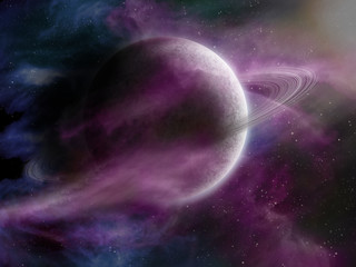 Original illustration of a fantasy space scene. Nebula and alien planets.