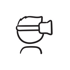 Man wearing virtual reality headset sketch icon.