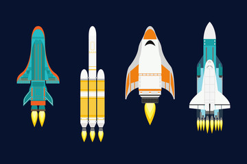 Vector technology ship rocket cartoon design for startup innovation product and cosmos fantasy space launch graphic exploration.