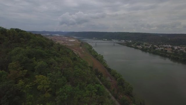 Aerial shot of construction site along the river in Center Twp., Pennsylvania