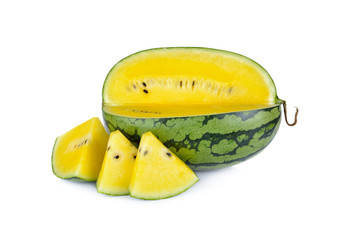 portion cut yellow watermelon on white background