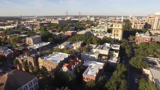 Aerial Shot of Savannah, GA Looking Back Toward the Suspension Bridge