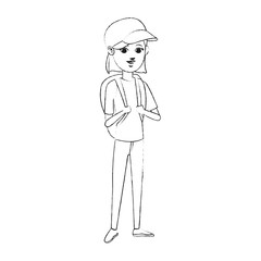 pretty young woman wearing baseball cap and backpack  icon image vector illustration design 