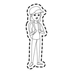 pretty young woman wearing baseball cap and backpack  icon image vector illustration design 
