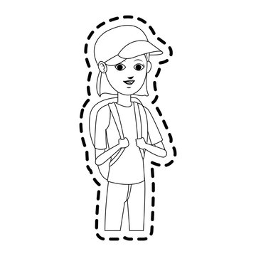 pretty young woman wearing baseball cap and backpack  icon image vector illustration design 