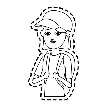 pretty young woman wearing baseball cap and backpack  icon image vector illustration design 