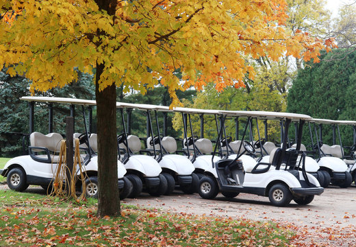Golf cart parking. Fall landscape with golf cart parking spot under yellow colored maple tree. - Powered by Adobe