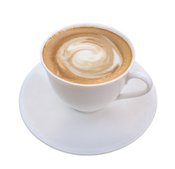 Hot coffee latte art spiral foam in black ceramic cup isolated on white background, clipping path included