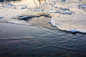 River surface covered with melting ice