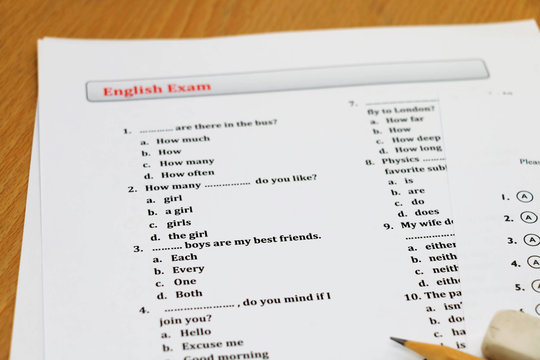 english exam on table