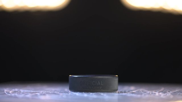 Hockey puck featured under the lights in this stadium setting.