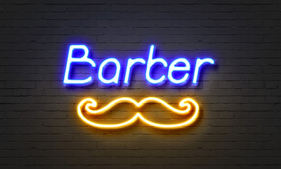 Naklejka na ściany i meble Barber neon sign on brick wall background.
