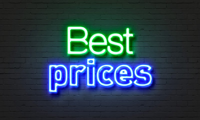 Fototapeta na wymiar Best prices neon sign on brick wall background.