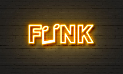 Funk neon sign on brick wall background. - obrazy, fototapety, plakaty