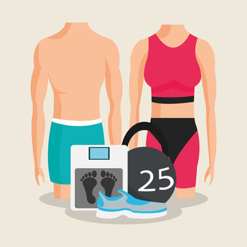kettlebell with man and woman health and fitness related icons image vector illustration design 