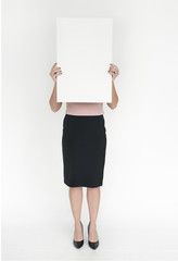 Woman Holding Banner Copy Space Portrait Concept