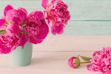 pink peony on blue background